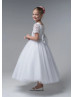 Beaded Short Sleeves White Lace Glitter Tulle Flower Girl Dress